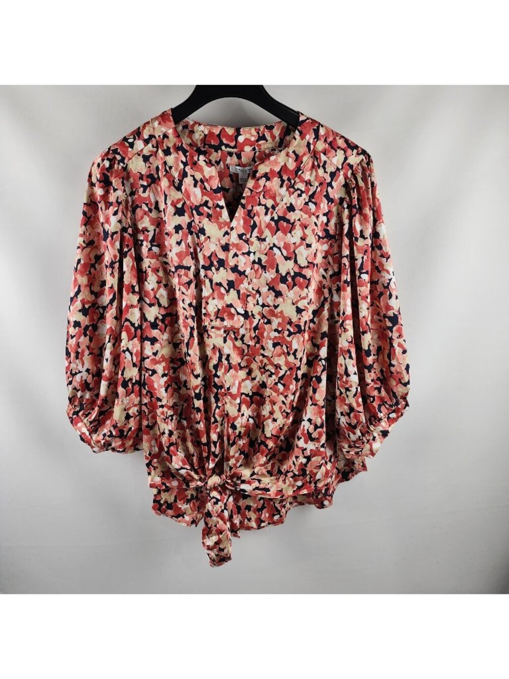 Chicos Blouse Womens 14 Multi Floral Front Tie Kikua Camu 3/4 Balloon Sleeve NWT